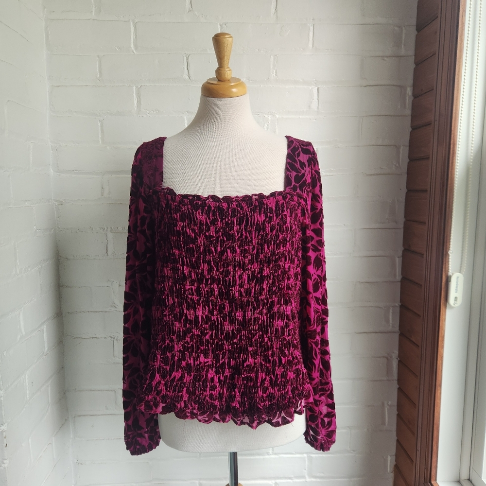 Torrid Velvet Burnout Long Sleeve Smocked Top Size 3 22 24 3x Burgundy Red
